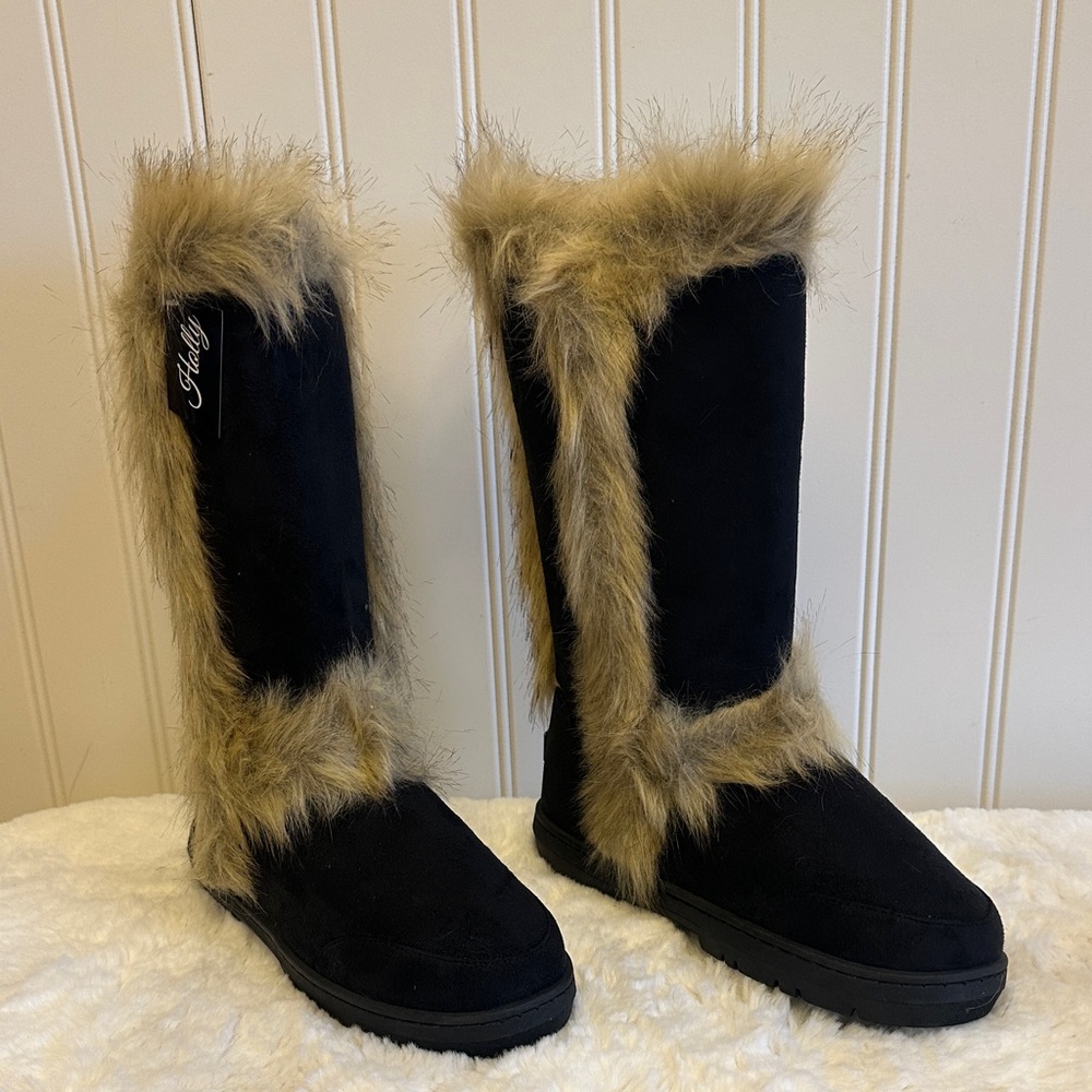 Holly Chic Black Winter Boots with Tan Fur - Picture 3 of 4